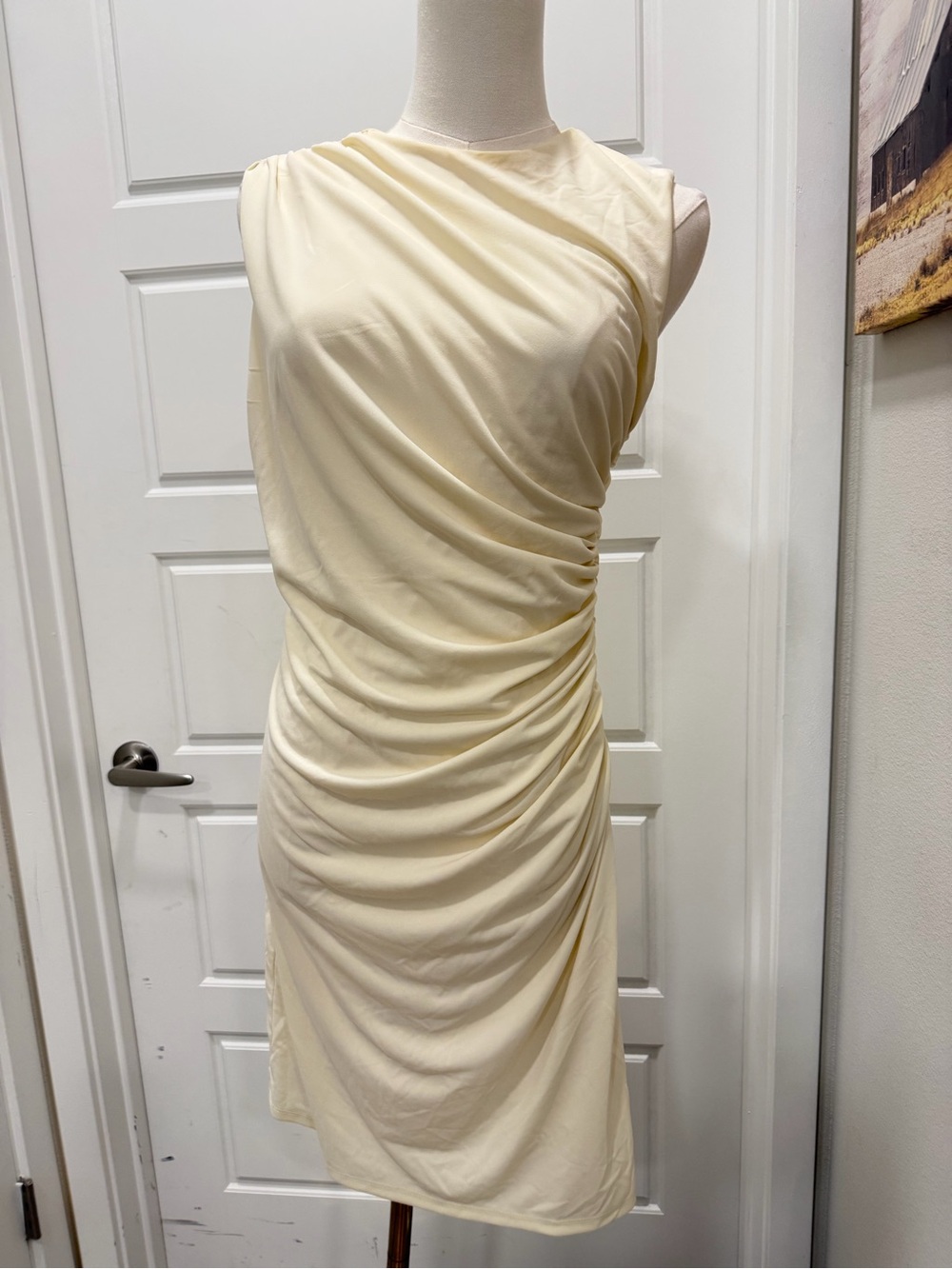 Zara Sleeveless Gathered Side Shift Old Money Dress - Cream - Picture 3 of 8